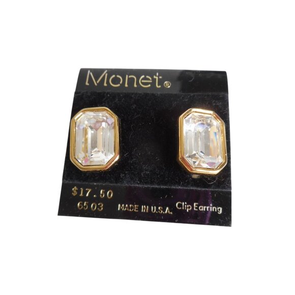 Vintage Jewelry - Vtg NEW Monet clip on earrings faceted Emerald cut gold setting costume Estate